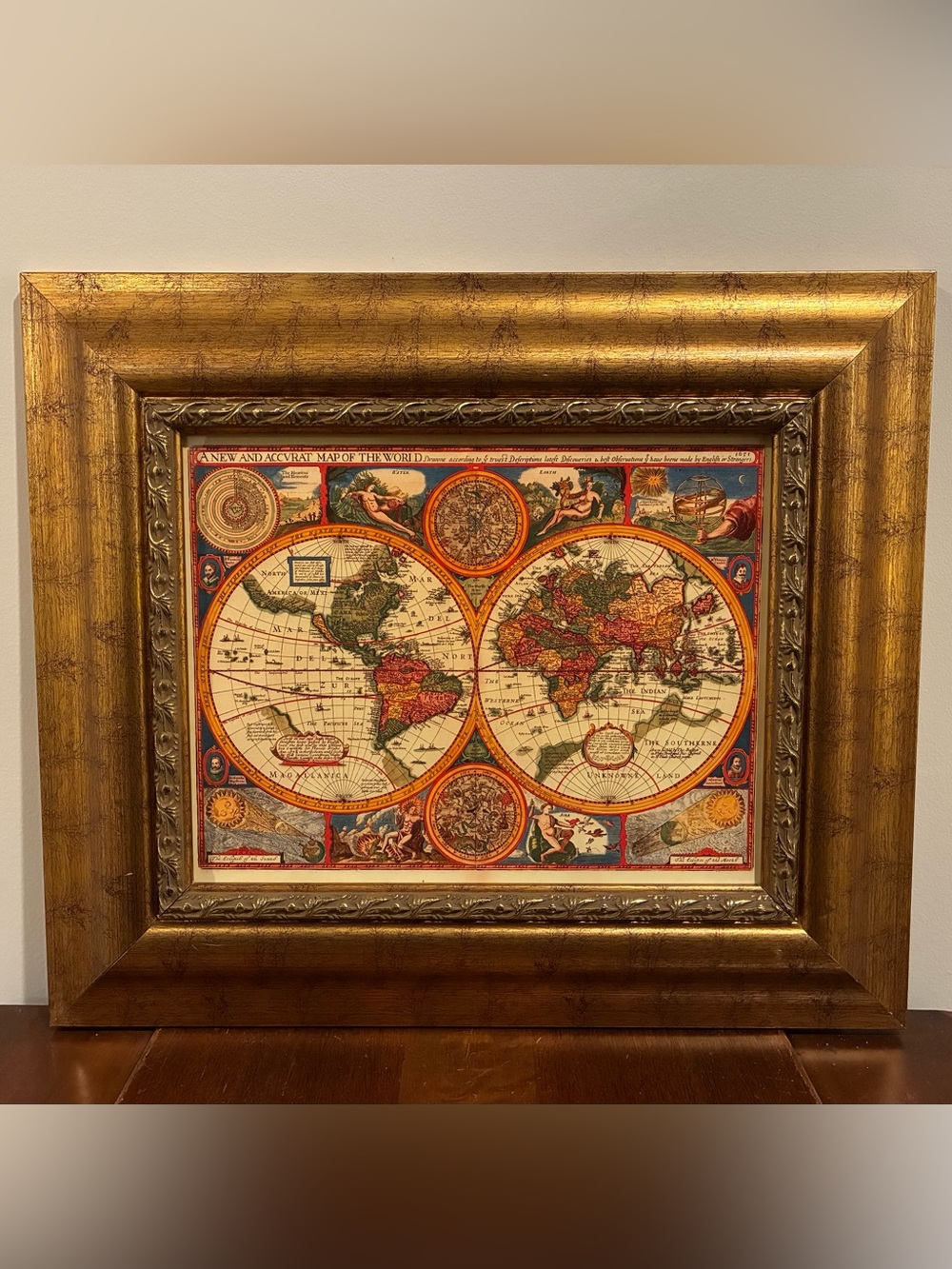 1651 Antique World Map Gold Framed Print 21x18 Faux Antique Vintage Wall Art